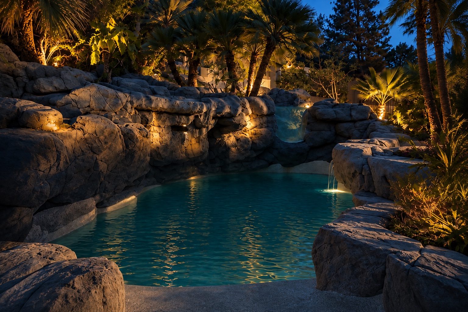 Evening concept of the grotto pool with warm lighting through the palms